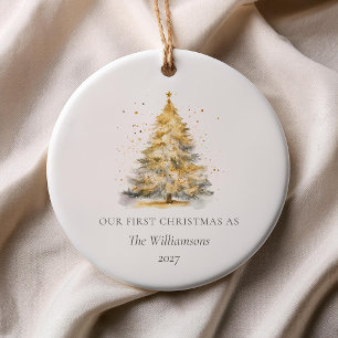 Ornamento De Cerâmica Árvore Dourada de Natal Personalizada Nosso Primei