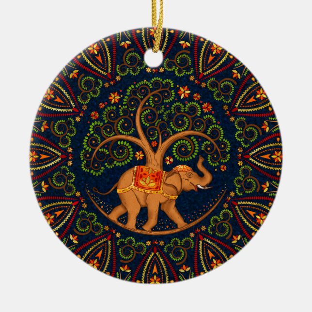 Ornamento De Cerâmica Árvore elefante da vida em Mandala (Frente)
