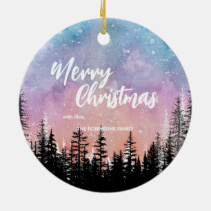 Ornamento De Cerâmica Árvore Feliz de Natal Floresta de Gradação Noite