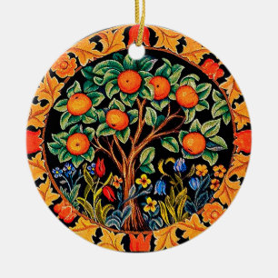 ORNAMENTO DE CERÂMICA ÁRVORE LARANJA COM FOLHAS VERDES, FLORES