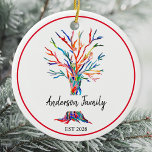 Ornamento De Cerâmica Árvore Personalizada da Família Arco-Íris<br><div class="desc">Este ornamento colorido é decorado com uma árvore em cores do arco-íris. Facilmente personalizável com seu nome e ano. Use a opção Personalizar mais para alterar o tamanho, o estilo ou a cor do texto, se desejar. Porque nós criamos nosso próprio trabalho de arte você não encontrará essa imagem exata...</div>