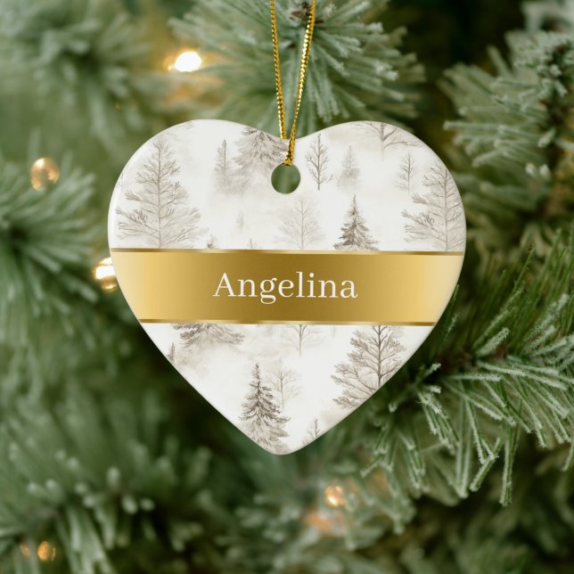 Ornamento De Cerâmica Árvores Creme Chic com Fita Dourada Natal (Árvore)