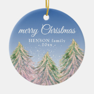 Ornamento De Cerâmica Árvores de Aquarela Rosa Feliz Família de Natal