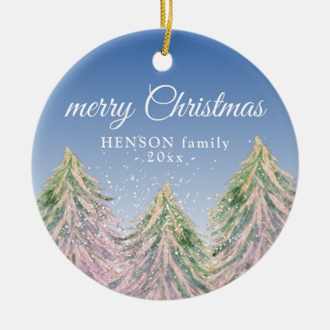 Ornamento De Cerâmica Árvores de Aquarela Rosa Feliz Família de Natal (Frente)