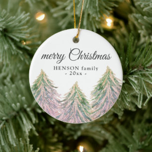 Ornamento De Cerâmica Árvores de Aquarela Rosa Merry Christmas Family C
