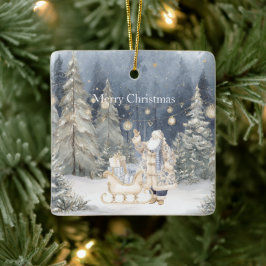 Ornamento De Cerâmica Árvores de Natal Azuis Creme Papai Noel Neve