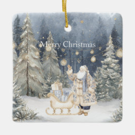 Ornamento De Cerâmica Árvores de Natal Azuis Creme Papai Noel Neve