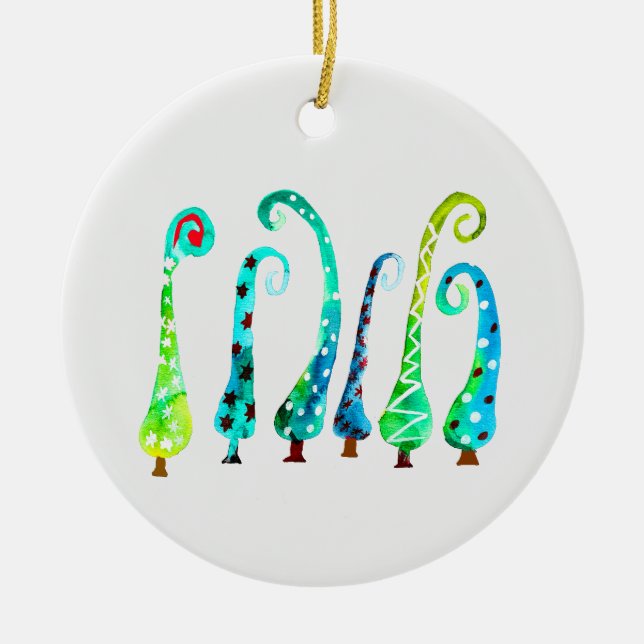 Ornamento De Cerâmica Árvores de Natal caprichosas aquarela (Frente)