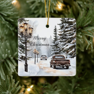 Ornamento De Cerâmica Árvores de Natal com Neve de Inverno Carros