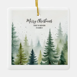 Ornamento De Cerâmica Árvores de Natal de Aquarela Neve Inverno