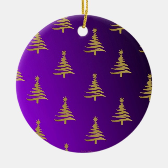Ornamento De Cerâmica Árvores de Natal Douradas em Roxo (Frente)