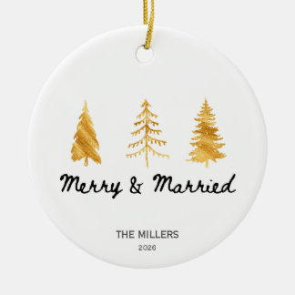 Ornamento De Cerâmica Árvores de Natal Douradas Merry & Married Personal