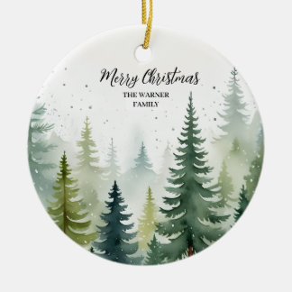 Ornamento De Cerâmica Árvores de Natal em Aquarela Neve Evergreen