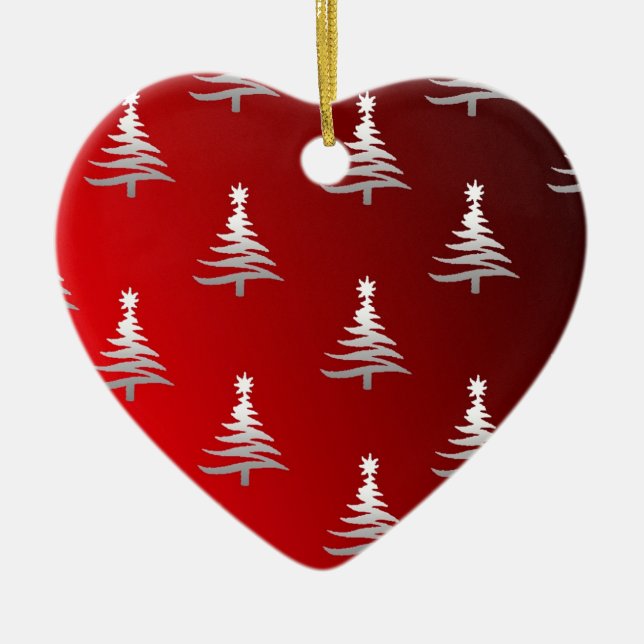 Ornamento De Cerâmica Árvores de Natal Prateadas em Vermelho (Frente)