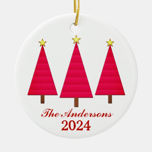 Ornamento De Cerâmica Árvores de Natal Vermelhas Personalizadas com Nome (Frente)