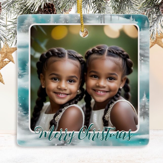 Ornamento De Cerâmica Árvores Festivas Inverno Neve 1 Foto Feliz Natal (A custom Christmas ornament for you to display a favorite photo and your own message on the back)