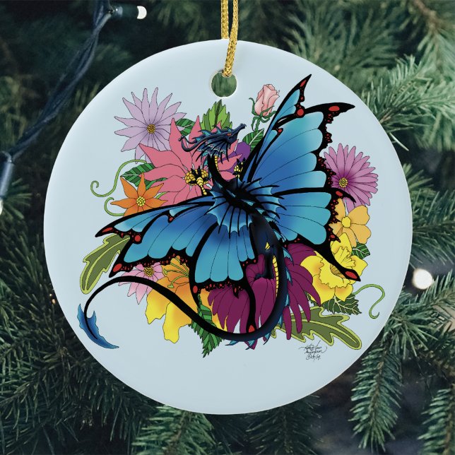 Ornamento De Cerâmica Asa de Borboleta Azul Dragão Flores Coloridas (Criador carregado)