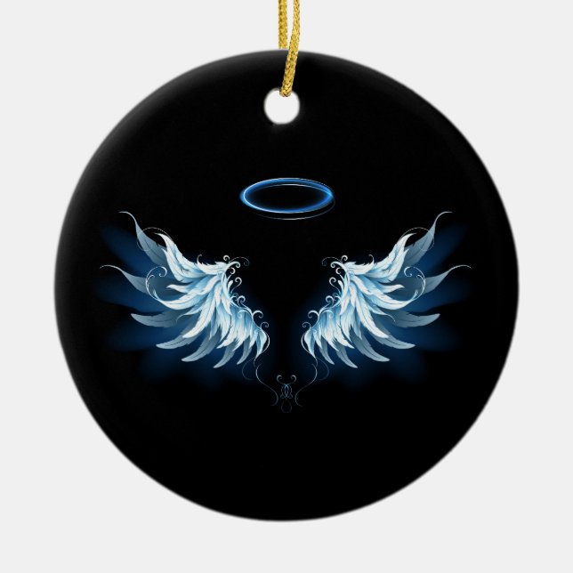 Ornamento De Cerâmica Asas Anjos Azuis Brilhantes em fundo preto (Frente)