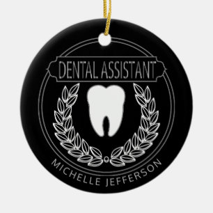 Ornamento De Cerâmica Assistente dental - preto elegante, branco e prata