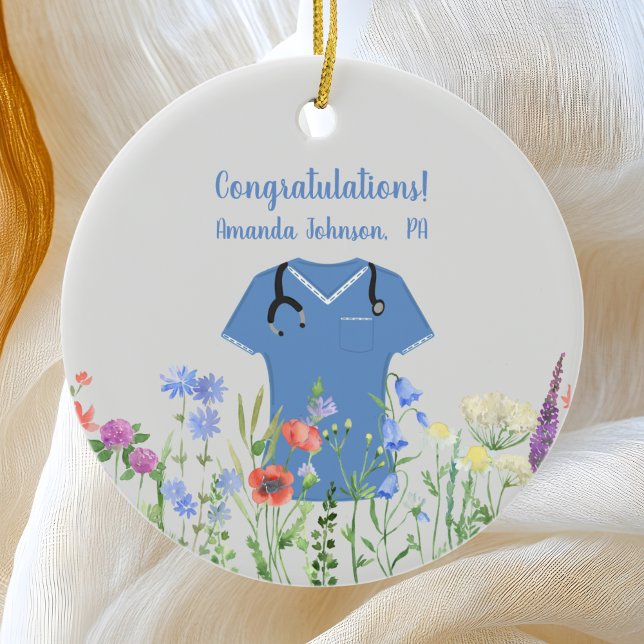 Ornamento De Cerâmica Assistente médico PA personalizado Esfregões azuis (Criador carregado)