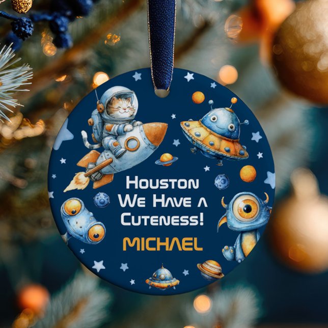 Ornamento De Cerâmica Astronaut Cat Funny Outer Space Baby Name& Photo  (Criador carregado)