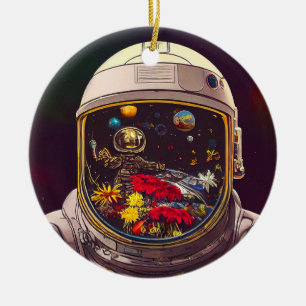 Ornamento De Cerâmica Astronauta Colorida no Espaço com Trabalho de arte