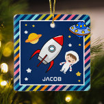 Ornamento De Cerâmica Astronauta de Menino Bonito Quarto Exterior de Fog<br><div class="desc">Personalize este adorno quadrado bonito com o nome do seu filho para criar o seu ornamento de quarto de meninos personalizados.</div>