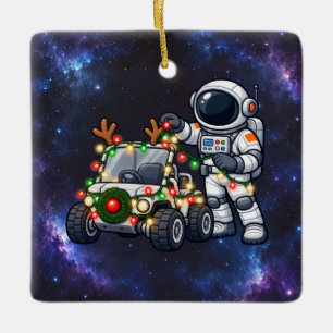 Ornamento De Cerâmica Astronauta de Natal Decorando um Rover Lunar