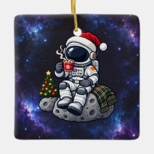 Ornamento De Cerâmica Astronauta de Natal Desfrutando de Cacau Lunar