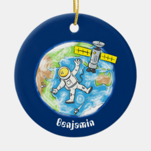 Ornamento De Cerâmica Astronauta engraçado no espaço e desenho da terra