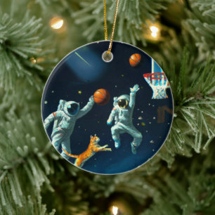 Ornamento De Cerâmica Astronautas de Cats Espaciais Jogando Basquete no