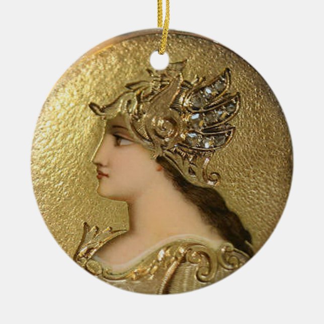 ORNAMENTO DE CERÂMICA ATHENA PORTRAIT COM HELMET DE OURO E GRIFFINS (Frente)