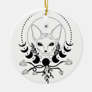 Ornamento De Cerâmica Atrelho de Gato Preto e Branco na Lua na Janela
