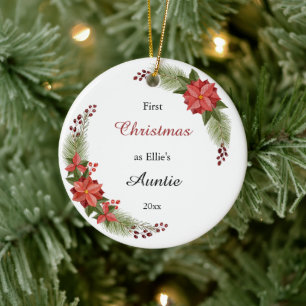 Ornamento De Cerâmica Auntie Baby Photo First Christmas Floral