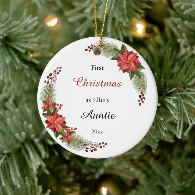 Ornamento De Cerâmica Auntie Baby Photo First Christmas Floral (Árvore)