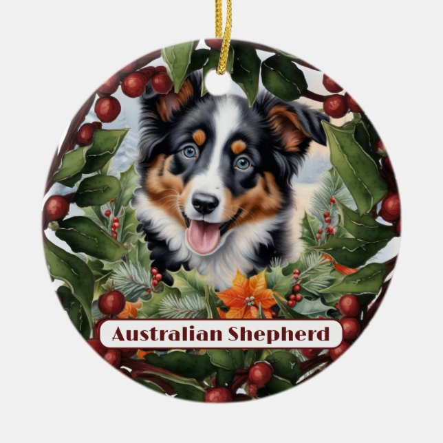 Ornamento De Cerâmica Aussie Pup Ornament, Personalize Puppy Christmas (Frente)