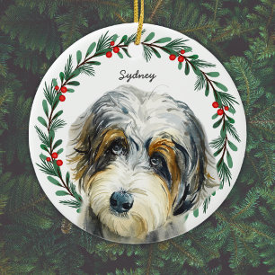 Ornamento De Cerâmica Aussiedoodle Monogramas Nome Wreath Natal
