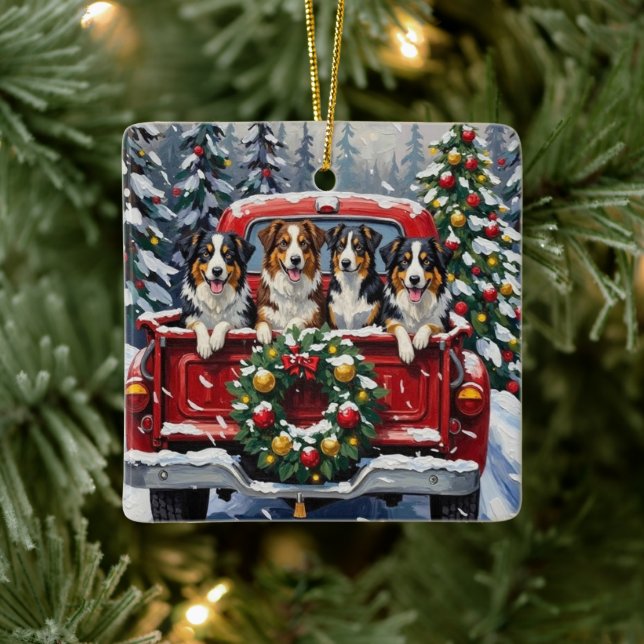Ornamento De Cerâmica Australian Shepherd Christmas Red Truck Holiday (Árvore)