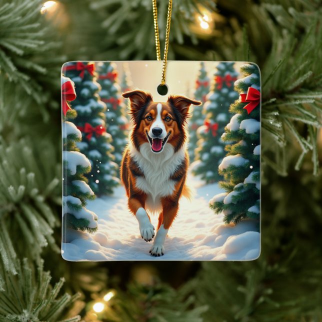 Ornamento De Cerâmica Australian Shepherd Christmas Tree Farm Painting (Árvore)