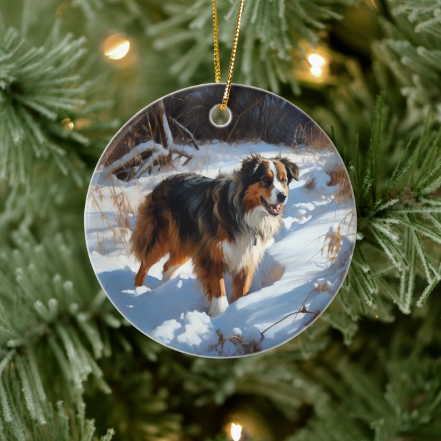 Ornamento De Cerâmica Australian Shepherd Deixe Nevar Natal (Árvore)