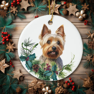 Ornamento De Cerâmica Australiano Terrier Dog Portrait Holly Wreath