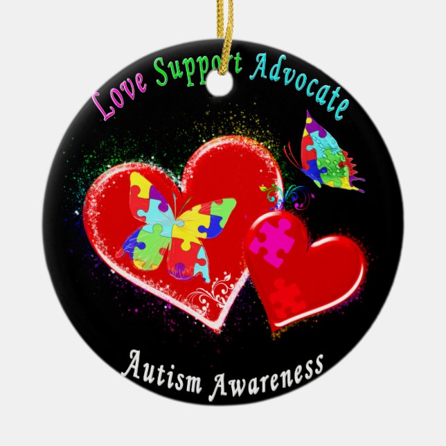 Ornamento De Cerâmica Autismo Borboletas em Corações (Frente)