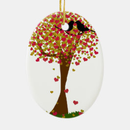 Ornamento De Cerâmica Autumn Love Birds em uma Árvore de Corações