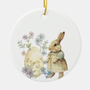 Ornamento De Cerâmica Avental de Páscoa retrô aquarela ovo e coelho