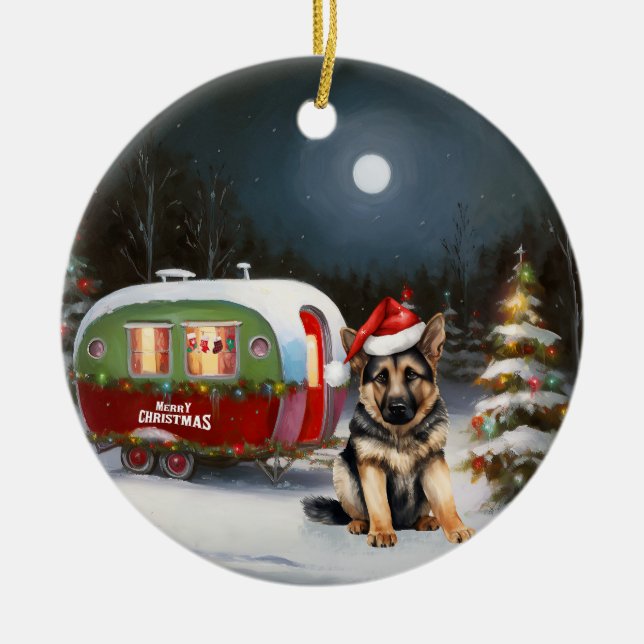 Ornamento De Cerâmica Aventura de Natal do Caravan, German shepherd de i (Frente)