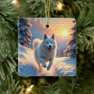 Ornamento De Cerâmica Aventura Natalina de Samoyed na Montanha Nevada