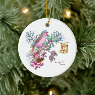 Ornamento De Cerâmica Aves e Berries de Natal com Aquarela