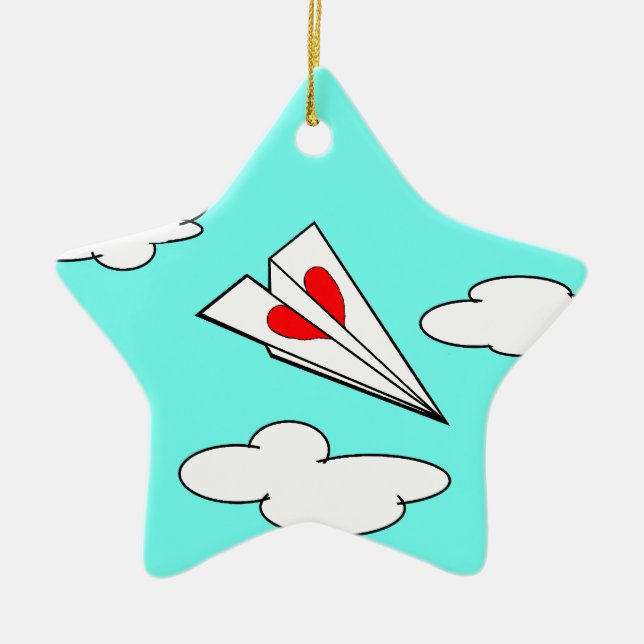 Ornamento De Cerâmica Avião de papel com coração (Frente)