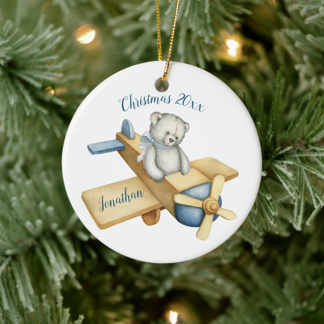 Ornamento De Cerâmica Avião de Urso Cinto Aquarela Nome de Natal (Árvore)