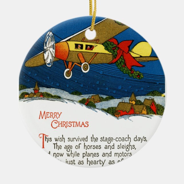 Ornamento De Cerâmica Avião Natal vintage (Frente)